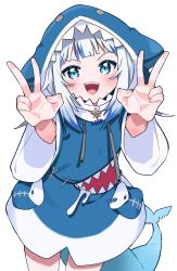 Rule 34 | 1girl, :d, absurdres, animal hood, blue eyes, blue hair, blue hoodie, blush, commentary, double v, drawstring, fins, fish tail, gawr gura, gawr gura (1st costume), grey hair, highres, hololive, hololive english, hood, hood up, hoodie, long sleeves, looking at viewer, multicolored hair, open mouth, shark hood, shark tail, sharp teeth, simple background, smile, solo, standing, streaked hair, tail, teeth, tosyeo, v, v-shaped eyebrows, virtual youtuber, white background, wide sleeves