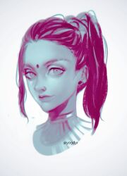 Rule 34 | 1girl, apex legends, facial mark, forehead mark, hair behind ear, light smile, looking at viewer, monochrome, nose piercing, nose ring, piercing, ponytail, portrait, rampart (apex legends), realistic, simple background, solo, twitter username, white background, yogdyr