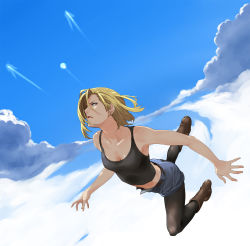 Rule 34 | 1girl, android 18, bare shoulders, blonde hair, blue eyes, cloud, day, dragon ball, dragonball z, earrings, enami katsumi, flying, highres, jewelry, lips, midriff, pantyhose, pantyhose under shorts, shirt, short shorts, shorts, sky, sleeveless, sleeveless shirt, solo, tank top