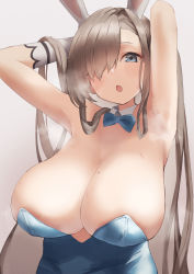 Rule 34 | 1girl, animal ears, areola slip, armpits, asuna (blue archive), asuna (bunny) (blue archive), blue archive, blue eyes, blue leotard, bow, bowtie, breasts, cleavage, detached collar, fake animal ears, gloves, hair over one eye, highres, large breasts, leotard, light brown hair, long hair, looking at viewer, mole, mole on breast, oggu (neoguloliko), playboy bunny, rabbit ears, simple background, solo, traditional bowtie, upper body, very long hair