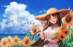 Rule 34 | 1girl, :d, alternate costume, artist name, black hair, blue sky, breasts, closed eyes, cloud, collared shirt, dress shirt, flower, hair ribbon, hand up, hat, hiyou (kancolle), holding, holding flower, kantai collection, long hair, ocean, open mouth, parted bangs, ribbon, shirt, sky, sleeveless, sleeveless shirt, smile, sun hat, sunflower, waving, white ribbon, white shirt, wss (nicoseiga19993411)