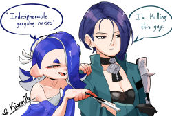 Rule 34 | 2girls, armor, bare shoulders, blue shawl, breasts, cephalopod eyes, chest sarashi, choker, cleavage, crossed arms, earrings, english text, eyeliner, fire emblem, fire emblem: three houses, gloves, green jacket, hair between eyes, hair over one eye, hand fan, hand on another&#039;s shoulder, highres, holding, holding fan, horizontal pupils, i think we&#039;re gonna have to kill this guy steven (meme), jacket, jewelry, kiora06, loose hair strand, makeup, medium breasts, meme, multiple girls, nintendo, octoling, open mouth, pauldrons, pointing, ponytail, purple eyes, purple hair, sarashi, shamir nevrand, shawl, shiver (splatoon), shoulder armor, single pauldron, speech bubble, splatoon (series), splatoon 3, tentacle hair, twitter username, upper body