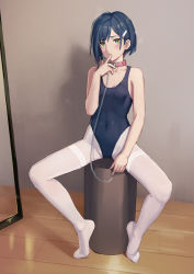 Rule 34 | 1girl, alternate costume, bare arms, bare shoulders, blue hair, blush, breasts, chain, collar, commentary request, covered navel, darling in the franxx, feet, female focus, finger in own mouth, full body, green eyes, hair ornament, hairclip, heavy breathing, highleg, highleg leotard, ichigo (darling in the franxx), indoors, leash, legs, leotard, looking at viewer, mool yueguang, navel, no shoes, pantyhose, pink collar, short hair, sitting, small breasts, solo, spread legs, sweat, thighband pantyhose, thighs, tiptoes, toes, white pantyhose