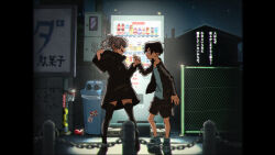 Rule 34 | 1boy, 1girl, appleq, black hair, black jacket, black shorts, black thighhighs, blurry, blurry foreground, braid, brick wall, brown hair, building, chain, chain-link fence, commentary request, depth of field, eye contact, fence, hair rings, hand grab, hands up, highres, hood, hood down, hooded jacket, jacket, looking at another, nanakusa nazuna (yofukashi no uta), night, night sky, outdoors, parted lips, profile, shirt, shoes, shorts, sign, sky, smile, standing, star (sky), thighhighs, translation request, vending machine, white footwear, white shirt, yamori kou, yofukashi no uta