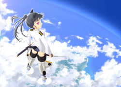 Rule 34 | 1girl, animal ears, black hair, dog ears, dog tail, earth (planet), long hair, looking at viewer, military, military uniform, no eyepatch, parted lips, ponytail, red eyes, sakamoto mio, sayu (mio-mosa), scabbard, school swimsuit, sheath, solo, strike witches, striker unit, swimsuit, swimsuit under clothes, sword, tail, uniform, weapon, world witches series