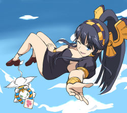 Rule 34 | 1girl, black hair, blue eyes, bread slice, cloud, day, den (kur0 yuki), dress, dress tug, evolution, floating, food, foreshortening, hair tubes, hairband, high ponytail, isis (p&amp;d), legs, looking at viewer, midair, mouth hold, nephthys (p&amp;d), no socks, one eye closed, outstretched hand, ponytail, puzzle &amp; dragons, shoes, sky, solo, sphinx, sphinx (p&amp;d), thighs, toast, winged hairband, wings, wristlet