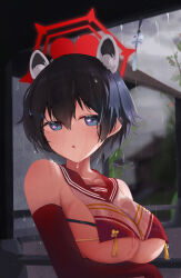 Rule 34 | 1girl, :o, animal ears, arm under breasts, bare shoulders, black hair, blue archive, blue eyes, breasts, crop top, elbow gloves, gloves, grey sky, hair between eyes, halo, ksagi, large breasts, looking at viewer, open mouth, overcast, rain, red gloves, red halo, red sailor collar, sailor collar, short hair, sky, sleeveless, solo, tsubaki (blue archive), underboob, upper body, wet, wet clothes