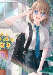 Rule 34 | 1girl, :d, arm up, backpack, bag, black-framed eyewear, black skirt, blue eyes, blue neckwear, blush, brick wall, brown hair, collared shirt, commentary request, diagonal-striped clothes, diagonal-striped necktie, diagonal-striped neckwear, flower, flower pot, glasses, highres, hyuuga azuri, looking at viewer, necktie, open mouth, original, plaid, plaid skirt, pleated skirt, purple flower, school uniform, shirt, short sleeves, skirt, smile, solo, striped clothes, striped neckwear, white shirt, window, yellow flower