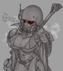 Rule 34 | 1girl, anti-materiel rifle, belt, bikini, breasts, coat, courier (fallout new vegas), covered erect nipples, cowboy shot, fallout (series), fallout: new vegas, gloves, grey background, greyscale, gun, helmet, highres, large breasts, mask, monochrome, navel, ncr veteran ranger, open clothes, open coat, rifle, scar, sniper rifle, solo, spot color, steam, sweat, swimsuit, unbuckled, waa153, weapon