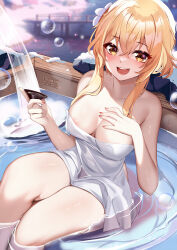Rule 34 | 1girl, :d, air bubble, blonde hair, breasts, bubble, commentary, covering privates, crossed bangs, cup, english commentary, flower, genshin impact, hair between eyes, hair flower, hair ornament, hand on own chest, highres, holding, holding cup, looking at viewer, lumine (genshin impact), medium breasts, nude cover, onsen, open mouth, outdoors, partially submerged, patreon username, short hair with long locks, sitting, smile, snow, solo, squchan, towel, twitter username, wet towel, white flower, winter, wooden bridge, yellow eyes