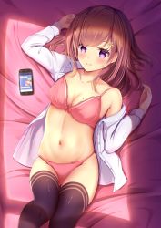 Rule 34 | 1girl, amane 1906, bare shoulders, black thighhighs, blush, bra, breasts, brown hair, cellphone, collarbone, commentary request, hair ornament, hairclip, highres, large breasts, long hair, long sleeves, looking at viewer, lying, mole, mole on breast, navel, on back, original, panties, phone, pink bra, pink eyes, pink panties, shirt, smartphone, solo, thighhighs, underwear, white shirt
