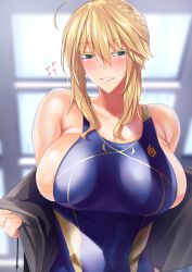 Rule 34 | 1girl, ahoge, artoria pendragon (fate), artoria pendragon (lancer) (fate), bare shoulders, blonde hair, blue one-piece swimsuit, braid, breasts, bursting breasts, cleavage, competition swimsuit, fate (series), gachou, green eyes, grin, hair between eyes, jacket, large breasts, long hair, looking at viewer, one-piece swimsuit, removing jacket, smile, solo, swimsuit