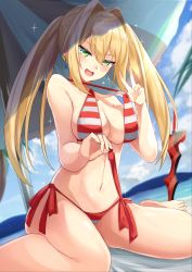 Rule 34 | 1girl, :d, bare arms, bare legs, bare shoulders, barefoot, bikini, blonde hair, blue sky, blush, breasts, commentary request, criss-cross halter, day, earrings, fate/grand order, fate (series), green eyes, hair between eyes, hair intakes, halterneck, hand up, head tilt, highres, igayan, jewelry, large breasts, long hair, looking at viewer, navel, nero claudius (fate), nero claudius (fate) (all), nero claudius (swimsuit caster) (fate), open mouth, outdoors, planted, planted sword, planted weapon, red bikini, side-tie bikini bottom, sidelocks, sitting, sky, smile, solo, sparkle, stomach, strap pull, striped bikini, striped clothes, swimsuit, sword, thighs, twintails, umbrella, untying, v-shaped eyebrows, very long hair, w, wariza, weapon, white bikini