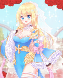 Rule 34 | 1girl, absurdres, black gloves, blonde hair, blue dress, blue eyes, blue sleeves, blurry, blurry background, blush, bow, breasts, cleavage, depth of field, dress, fingerless gloves, flower, gloves, hand up, high priest (ragnarok online), highres, light (luxiao deng), long hair, medium breasts, pink bow, pointy ears, ragnarok online, red flower, red rose, rose, see-through, solo, sparkle, veil, very long hair, wide sleeves