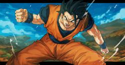 black_border black_hair blue_shirt blurry blurry_background border clenched_hands dougi dragon_ball dragonball_z highres muscular muscular_male orange_pants orange_shirt outdoors pants potential_unleashed shirt short_hair son_gohan spiked_hair wataumi201