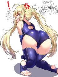 Rule 34 | !, 1girl, ;p, absurdres, adapted costume, ahoge, all fours, alternate costume, anger vein, angry, artoria caster (fate), artoria caster (swimsuit) (fate), artoria caster (swimsuit) (first ascension) (fate), ass, back cutout, blonde hair, blue gloves, blue one-piece swimsuit, blue thighhighs, clothing cutout, commentary, double v, ebora, elbow gloves, english commentary, fate/grand order, fate (series), from behind, gloves, highleg, highleg swimsuit, highres, long hair, looking back, one-piece swimsuit, one eye closed, sharp teeth, shouting, stirrup legwear, swimsuit, teeth, thighhighs, toeless legwear, toes, tongue, tongue out, twintails, v, wet, white background