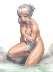 Rule 34 | 1girl, arm support, barefoot, blunt bangs, breasts, covering privates, fate/grand order, fate (series), highres, medium breasts, muscular, muscular female, nude cover, onsen, partially submerged, penthesilea (fate), ranma (kamenrideroz), rock, sidelocks, simple background, solo, steam, towel, water, white background, white hair, white towel, yellow eyes