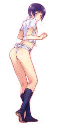 Rule 34 | 1boy, androgynous, ass, ass focus, axis powers hetalia, black hair, blush, from behind, full body, fundoshi, highres, japan (hetalia), japanese clothes, judy (artist), looking back, male focus, mizu happi, short hair, simple background, solo, sweat, trap, underwear, white background