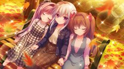 3girls ahoge autumn autumn_leaves bench birthday blue_jacket bow breasts brown_hair brown_skirt bush closed_eyes closed_mouth collarbone denim denim_jacket dress dutch_angle evening falling_leaves film_grain game_cg grass grey_hair hair_between_eyes hair_bow hair_intakes hairband holding_hands ichijou_ruka izumi_tsubasu jacket leaf leaning_on_person lens_flare long_hair long_sleeves looking_at_viewer medium_breasts misaki_sango multiple_girls non-web_source official_art on_bench open_clothes open_jacket park_bench pinafore_dress pink_sweater plaid_clothes plaid_dress plaid_skirt purple_eyes purple_hair purple_hairband re:stage! red_bow shikimiya_aone shirt short_hair_with_long_locks sitting skirt sleeping sleeping_on_person sleeping_upright sleeveless sleeveless_dress small_breasts smile sparkle sweater tree two_side_up unbuttoned_jacket white_shirt wooden_bench