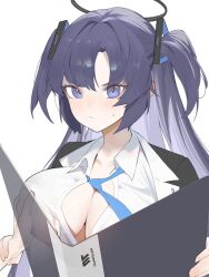 Rule 34 | annlee, blue archive, blue necktie, blush, breasts, cleavage, grabbing, grabbing another&#039;s breast, halo, highres, holding, id card, jacket, large breasts, looking at viewer, mechanical halo, necktie, no bra, open clothes, partially unbuttoned, purple hair, see-through, shirt, simple background, two-sided fabric, two-sided jacket, two side up, upper body, white shirt, yuuka (blue archive)