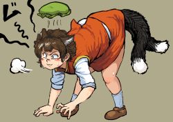 Rule 34 | 1girl, :3, all fours, animal ears, bent over, blush, brown footwear, brown hair, cat ears, cat tail, chanta (ayatakaoisii), chen, closed mouth, green hat, grey background, hat, highres, mob cap, multiple tails, nekomata, nervous smile, red skirt, red vest, sanpaku, scared, shirt, shoes, short hair, simple background, skirt, smile, socks, solo, sweat, tail, touhou, two tails, unworn hat, unworn headwear, vest, white shirt, white socks