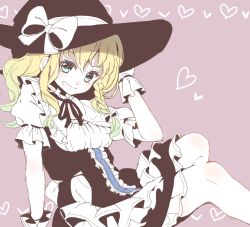 Rule 34 | 1girl, apron, bad id, bad pixiv id, black dress, blonde hair, blue eyes, bow, braid, dress, eyebrows, frilled dress, frills, gloves, grin, hair bow, hand on headwear, hat, hat bow, heart, heart background, highres, kirisame marisa, long hair, looking at viewer, puffy short sleeves, puffy sleeves, ribbon, satomachi, short sleeves, side braid, simple background, single braid, sitting, smile, solo, teeth, touhou, waist apron, wavy hair, witch hat