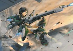 Rule 34 | 1girl, armor, bigrbear, black hair, black thighhighs, blue eyes, boots, character name, clothing cutout, day, eyes visible through hair, fire, firing, folded ponytail, gloves, grey thighhighs, gun, height, highres, holding, holding gun, holding weapon, jet engine, jumping, leotard, long hair, machinery, mecha musume, missile, navel, navel cutout, open mouth, orange sky, original, outdoors, rifle, sky, solo, thigh boots, thighhighs, two-handed, weapon, weight