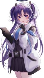 Rule 34 | 1girl, :o, absurdres, black gloves, black skirt, black vest, blue archive, blue necktie, clipboard, collared shirt, gloves, highres, holding, holding clipboard, holding pen, jacket, long hair, long sleeves, looking at viewer, necktie, open mouth, pen, pomeo dayo, purple eyes, purple hair, shirt, simple background, skirt, solo, twintails, vest, white background, white jacket, white shirt, yuuka (blue archive)