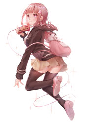 Rule 34 | 1girl, absurdres, backpack, bag, black thighhighs, brown jacket, brown skirt, brown thighhighs, cable, commentary request, controller, danganronpa (series), danganronpa 2: goodbye despair, from side, game controller, hair ornament, highres, hood, hood down, hooded jacket, jacket, light smile, nanami chiaki, pink bag, pink eyes, pink footwear, pink hair, pink ribbon, poe (528yuzunon), ribbon, shirt, shoes, skirt, solo, spaceship hair ornament, thighhighs, white shirt