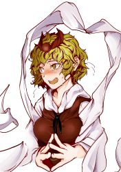 Rule 34 | 1girl, blonde hair, blush, embarrassed, hair ornament, hi you (flying bear), highres, looking away, looking to the side, open mouth, short hair, solo, sweat, toramaru shou, touhou, undefined fantastic object, yellow eyes