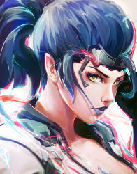 Rule 34 | 1girl, abstract, alternate costume, asevc, blue hair, breasts, cleavage, commentary, eyelashes, goggles, goggles on head, hair slicked back, highres, lipstick, looking at viewer, makeup, overwatch, overwatch 1, parted lips, ponytail, portrait, purple lips, simple background, sketch, solo, talon widowmaker, white background, widowmaker (overwatch), yellow eyes