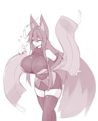 Rule 34 | 1girl, :3, ^ ^, animal ear fluff, animal ears, bare shoulders, breasts, closed eyes, commentary, detached sleeves, closed eyes, fox ears, fox shadow puppet, fox tail, greyscale, hair between eyes, hair ornament, hairclip, heart, highres, huge breasts, japanese clothes, kiri (sub-res), leaning forward, long hair, monochrome, notched ear, original, parted lips, sketch, smile, solo, sub-res, tail, thighhighs, wide sleeves