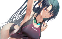 Rule 34 | 1girl, arm up, armpits, backless swimsuit, bare shoulders, black eyes, black hair, breasts, covered navel, eyewear around neck, highres, hiiragi yuuichi, large breasts, looking at viewer, one-piece swimsuit, original, parted bangs, purple one-piece swimsuit, simple background, smile, solo, swimsuit, wet, wet clothes, wet swimsuit, white background