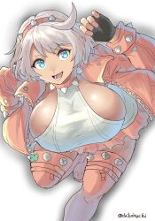 Rule 34 | 1girl, blue eyes, breasts, chikoinochi, collar, elphelt valentine, female focus, fingerless gloves, gloves, guilty gear, guilty gear strive, highres, huge breasts, looking at viewer, short hair, sideboob, solo, spiked collar, spikes, thighhighs, white hair