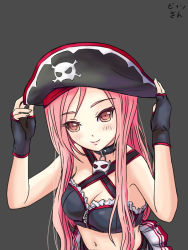 Rule 34 | 1girl, bare shoulders, bingsang, breasts, cleavage, collar, fingerless gloves, frills, gloves, hat, long hair, lucia, lucia (pangya), midriff, navel, pangya, pink eyes, pink hair, pirate hat, simple background, skirt, skull and crossbones, smile, solo, very long hair, zipper