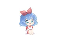 Rule 34 | 0725akaba, 1girl, :d, absurdres, barefoot, blue eyes, blue hair, blush, chibi, collared dress, dress, hair ribbon, highres, knees up, omega ray, omega sisters, open mouth, puffy short sleeves, puffy sleeves, red dress, red ribbon, ribbon, short sleeves, simple background, sitting, smile, solo, transparent, virtual youtuber, white background, white dress
