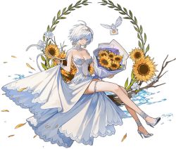 Rule 34 | 1girl, :d, ankle strap, ark order, bean sprouts (6651003), bird, blue eyes, blush, bouquet, branch, breasts, bridal gauntlets, choker, cleavage, collarbone, dress, earrings, envelope, fingerless gloves, flower, full body, gloves, high heels, highres, holding, holding bouquet, holding clothes, holding dress, jewelry, lace, lace choker, lace dress, large breasts, laurels, looking at viewer, lugh (ark order), nail polish, navel, official art, open mouth, orange nails, rose, shoes, short hair, sitting, sleeveless, sleeveless dress, smile, solo, sunflower, tachi-e, thigh strap, transparent background, wedding dress, white choker, white dress, white flower, white footwear, white gloves, white hair, white rose, yellow flower