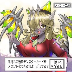 Rule 34 | blonde hair, breasts, colored skin, dress, grey skin, hair over one eye, hand up, highres, long hair, medium breasts, mementotlan angwitch, one eye covered, open mouth, red dress, smile, tokage (tokageymimr), undead, upper body, wavy hair, wings, yellow eyes, yu-gi-oh!