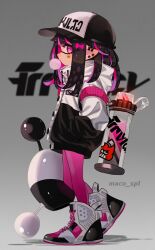 Rule 34 | baseball cap, black hair, black hat, black jacket, chewing gum, colored inner hair, commentary, ear piercing, facial mark, grey footwear, hand in own hair, hat, high tops, holding, holding weapon, ink tank (splatoon), inkling (language), inkling girl, inkling player character, jacket, leggings, long sleeves, luna blaster (splatoon), maco spl, medium hair, multicolored clothes, multicolored hair, multicolored jacket, nintendo, piercing, pink eyes, pink hair, pink leggings, shoes, sneakers, splatoon (series), splatoon 2, star (symbol), star facial mark, twitter username, two-tone hair, two-tone jacket, weapon, white jacket