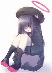 Rule 34 | absurdres, beret, black hair, black serafuku, blue archive, commentary request, covered eyes, full body, gloves, halo, hat, highres, justice task force member (blue archive), long hair, looking at viewer, open mouth, school uniform, serafuku, shi0n krbn, shoes, simple background, sitting, thighs, white background