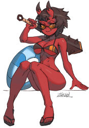 Rule 34 | 1girl, bikini, black bikini, brown hair, closed mouth, club, club (weapon), colored skin, fang, fang out, hand up, horns, kanabou, kidouko (zakusi), knees together feet apart, looking at viewer, oni, oni horns, orange-tinted eyewear, original, red oni, red skin, sandals, short hair, signature, sitting, smile, solo, spiked club, sunglasses, swimsuit, tinted eyewear, weapon, white background, zakusi