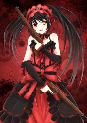 Rule 34 | 10s, 1girl, absurdres, bare shoulders, black hair, breasts, cleavage, clock eyes, date a live, dress, dual wielding, gears, gun, hairband, heterochromia, highres, holding, kurousagi yuu, lolita fashion, lolita hairband, long hair, looking at viewer, red eyes, ribbon, rifle, solo, symbol-shaped pupils, tokisaki kurumi, twintails, uneven twintails, weapon, yellow eyes