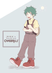 Rule 34 | 1boy, absurdres, aged down, bag, blue background, blush, boku no hero academia, brown legwear, brown overalls, collared shirt, english text, freckles, highres, holding strap, looking at viewer, male focus, midoriya izuku, multicolored background, open mouth, overalls, raised eyebrows, rapiko, red footwear, shirt, shoes, simple background, smile, sun symbol, white background, yellow shirt