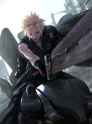 Rule 34 | 00s, 1990s (style), 1boy, asymmetrical clothes, biceps, black gloves, blonde hair, blue eyes, cloud strife, cyberpunk, diaodiao, epic, fenrir (vehicle), final fantasy, final fantasy vii, final fantasy vii advent children, gloves, huge weapon, male focus, manly, motor vehicle, motorcycle, official style, open collar, retro artstyle, solo, spiked hair, square enix, sword, weapon, zipper
