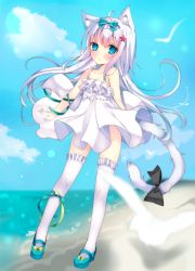 Rule 34 | 1girl, ahoge, animal ears, bare arms, bare shoulders, beach, bird, black bow, blue bow, blue eyes, blue footwear, blue sky, blush, bow, cat ears, cat tail, cloud, collarbone, day, dress, eyebrows, frilled dress, frilled thighhighs, frills, full body, green bow, hair bow, highres, long hair, looking at viewer, mary janes, ocean, original, outdoors, parted lips, satsuki mayuri, seagull, shoes, sidelocks, sky, solo, standing, tail, tail bow, tail ornament, thighhighs, water, white dress, white hair, white thighhighs