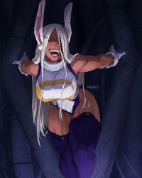 Rule 34 | 1girl, animal ears, bare arms, bare shoulders, bent over, biceps, blood, blood on clothes, blood on face, boku no hero academia, breasts, breikka, crazy smile, dark-skinned female, dark skin, feet out of frame, fur collar, hair over one eye, indoors, large breasts, leotard, long hair, looking at viewer, mirko, outstretched arms, rabbit ears, red eyes, shaded face, smile, solo, superhero costume, teeth, thick thighs, thighhighs, thighs, toned, v-shaped eyebrows, very long hair, white hair, white leotard