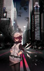 Rule 34 | 1girl, arknights, belt, black belt, black gloves, black pantyhose, black skirt, breasts, car, chromatic aberration, city, cityscape, commentary request, cowboy shot, detached wings, expressionless, exusiai (arknights), gloves, halo, hands in pockets, highres, jacket, looking at viewer, miniskirt, motor vehicle, pantyhose, penguin logistics logo, pouch, raglan sleeves, red hair, road, short hair, short sleeves, skirt, small breasts, solo, soukou makura, standing, white jacket, wings, yellow eyes