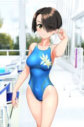 Rule 34 | 1girl, absurdres, black hair, blue one-piece swimsuit, blurry, blurry background, bob cut, breasts, commentary request, competition swimsuit, covered navel, cowboy shot, eyes visible through hair, floral print, girls und panzer, green eyes, hair over one eye, highres, inverted bob, medium breasts, multicolored clothes, multicolored swimsuit, one-piece swimsuit, outdoors, poolside, short hair, solo, starting block, swimsuit, takafumi, vanilla (girls und panzer), variant set