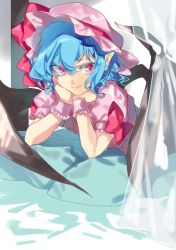 Rule 34 | 1girl, arm support, bat wings, blue hair, bow, closed mouth, commentary, hair between eyes, hands on own chin, hat, head rest, legomaru, looking at viewer, medium hair, mob cap, pink hat, pink shirt, pointy ears, puffy short sleeves, puffy sleeves, red bow, red eyes, remilia scarlet, shirt, short sleeves, smile, solo, touhou, upper body, wings, wrist cuffs