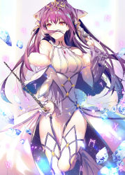 Rule 34 | 1girl, bow, closed mouth, cropped legs, dress, fate/grand order, fate (series), gem, hair bow, holding, holding wand, kinokohime, long hair, looking to the side, purple bow, purple hair, red eyes, rune, scathach (fate), scathach skadi (fate), scathach skadi (third ascension) (fate), smile, solo, standing, standing on one leg, thighhighs, tiara, wand, white dress, white thighhighs, zettai ryouiki